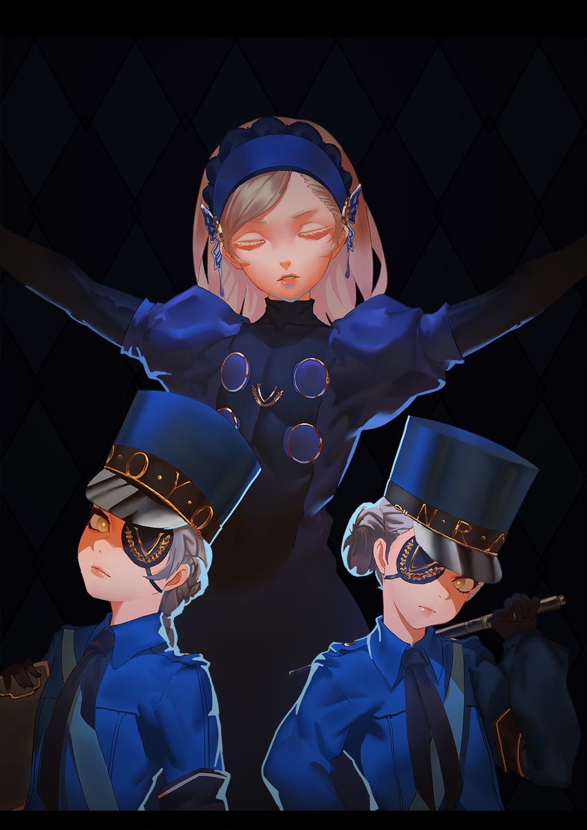 armband arms_up bangs black_background black_gloves blonde_hair blue_dress blue_hairband blue_shirt braid bright_pupils caroline_(persona_5) closed_eyes closed_mouth collared_shirt commentary_request double_bun dress elbow_gloves expressionless eyepatch facing_viewer gloves hair_bun hairband hat highres justine_(persona_5) lavenza long_hair looking_at_viewer military_hat multiple_girls necktie outstretched_arms parted_bangs persona persona_5 puffy_short_sleeves puffy_sleeves ray_(nagaseray) shirt short_sleeves siblings simple_background spoilers spread_arms swept_bangs twins uniform upper_body wing_collar yellow_eyes