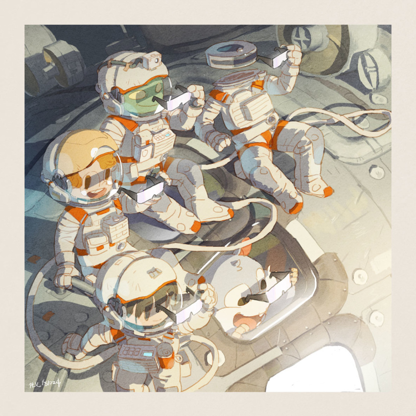 1boy 1girl alien android closed_mouth commentary_request glasses gloves hjl holding holding_eyewear light mecha on_spacecraft open_mouth original outdoors personification round_eyewear round_teeth space spacesuit teeth white_gloves