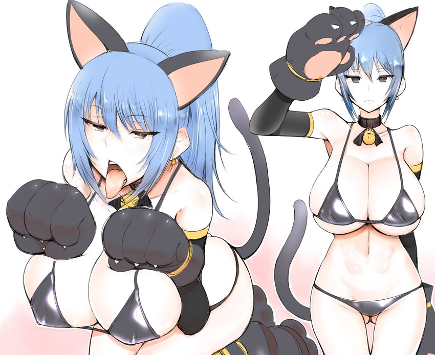 alternate_costume animal_ears are_(arearee) ass_visible_through_thighs bangs bikini blue_eyes blue_hair breasts cat_ears cat_paws cat_tail eyebrows_visible_through_hair gloves huge_breasts kemonomimi_mode leona_heidern metal_slug metal_slug_attack micro_bikini multiple_views open_mouth paw_gloves paws pet_play ponytail salute snk snk_heroines:_tag_team_frenzy standing swimsuit tail the_king_of_fighters tongue tongue_out