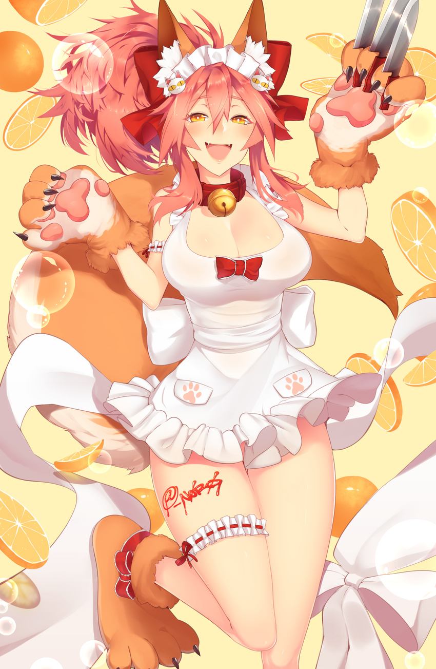 animal_ears apron bell bell_collar blush bow breasts cat_hair_ornament cat_paws cleavage collar fangs fate/grand_order fate_(series) food fox_ears fox_tail fruit gloves hair_bow hair_ornament hair_ribbon highres jingle_bell knife large_breasts long_hair maid_headdress naked_apron open_mouth orange paw_gloves paw_shoes paws pink_hair ponytail red_ribbon ribbon shoes skelefuku solo tail tamamo_(fate)_(all) tamamo_cat_(fate) twitter_username yellow_eyes