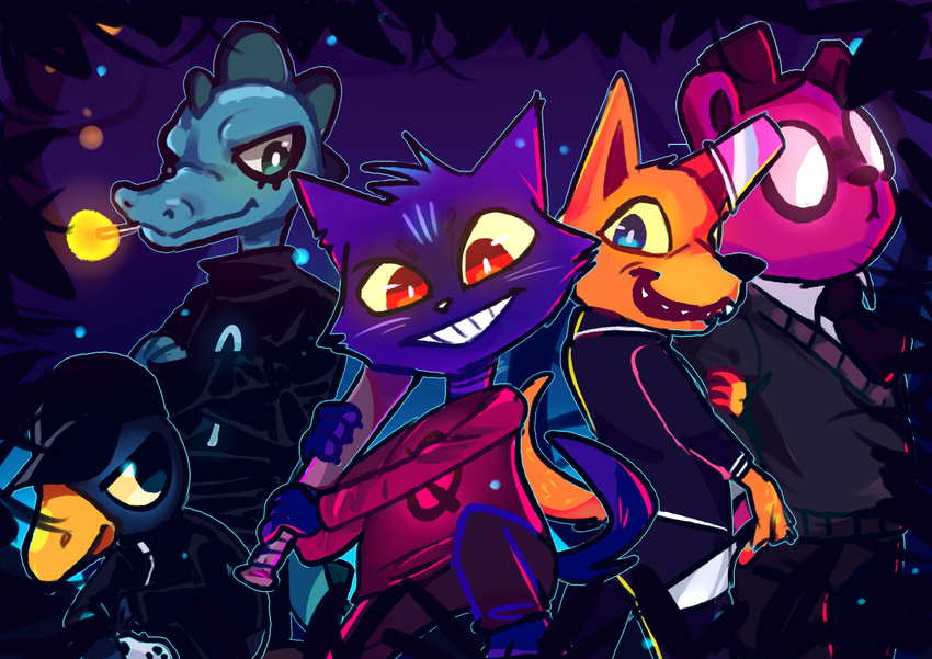 2017 absurd_res alligator angus_(nitw) anthro bea_(nitw) bear brown_fur canine cat cigarette clothing crocodile crocodilian dinzeeyz eyewear feline fox fur glasses gregg_(nitw) hat hi_res jacket mae_(nitw) male mammal night_in_the_woods reptile scalie