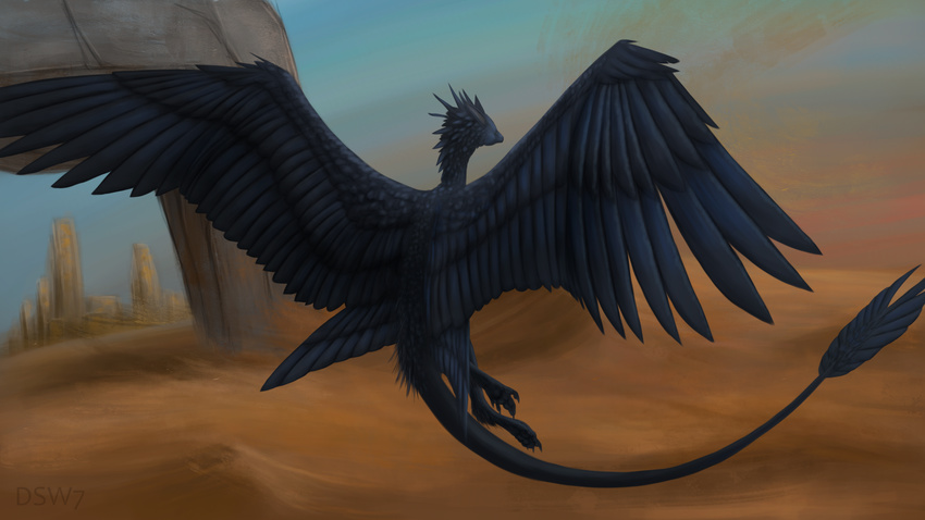 2018 ambiguous_gender black_feathers day desert detailed_background digital_media_(artwork) dragon dsw7 feathered_dragon feathers flying outside sky