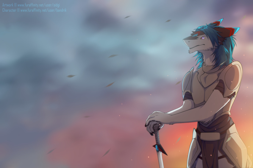 2017 4_fingers anthro armor blue_hair day fingerpads fur grey_fur hair male melee_weapon multicolored_fur pose sergal sidgi silver_eyes sky solo standing sword two_tone_fur warrior weapon white_fur
