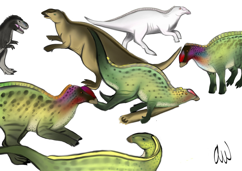 2_fingers 3_toes bill claws colorful dinosaur feathers hadrosaur hi_res long_tail panic roaring running scared teeth theropod toes tripping tyrannosaur_(species) tyrannosaurus_rex