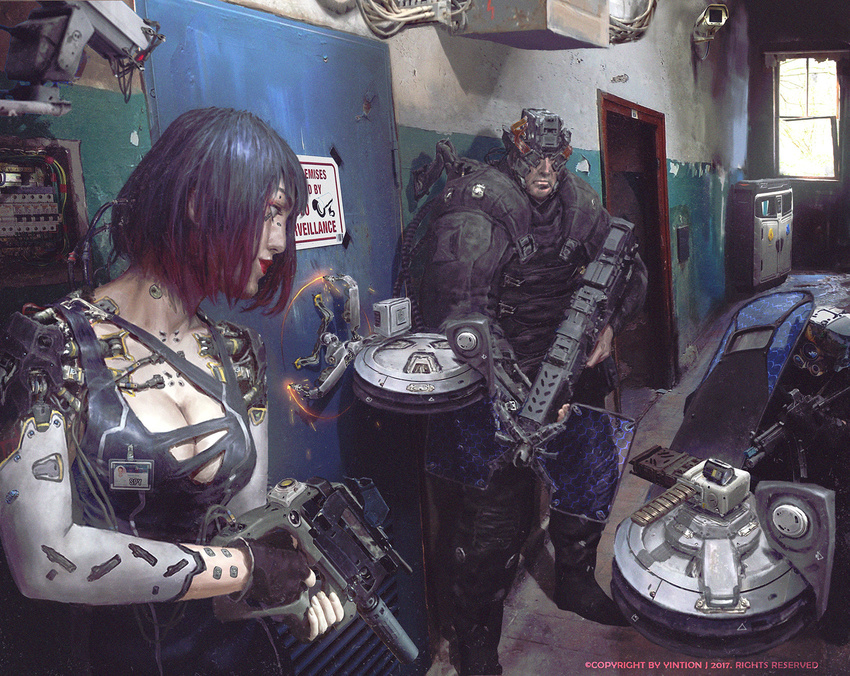 2017 2boys artificial_eyes asian assault_rifle batou bob_cut body_armor bodysuit boots breasts cable cleavage cyberpunk cyborg dated dirty door ducking eotech fingerless_gloves floating flying ghost_in_the_shell gloves gun h&amp;k_mp5 hallway heckler_&amp;_koch helmet highres id_card kneeling kusanagi_motoko large_breasts lips manly multiple_boys original police prosthesis prosthetic_arm realistic redesign rifle robot science_fiction shield short_hair shotgun signature submachine_gun suppressor swat tactical_clothes uniform weapon white_eyes yintion