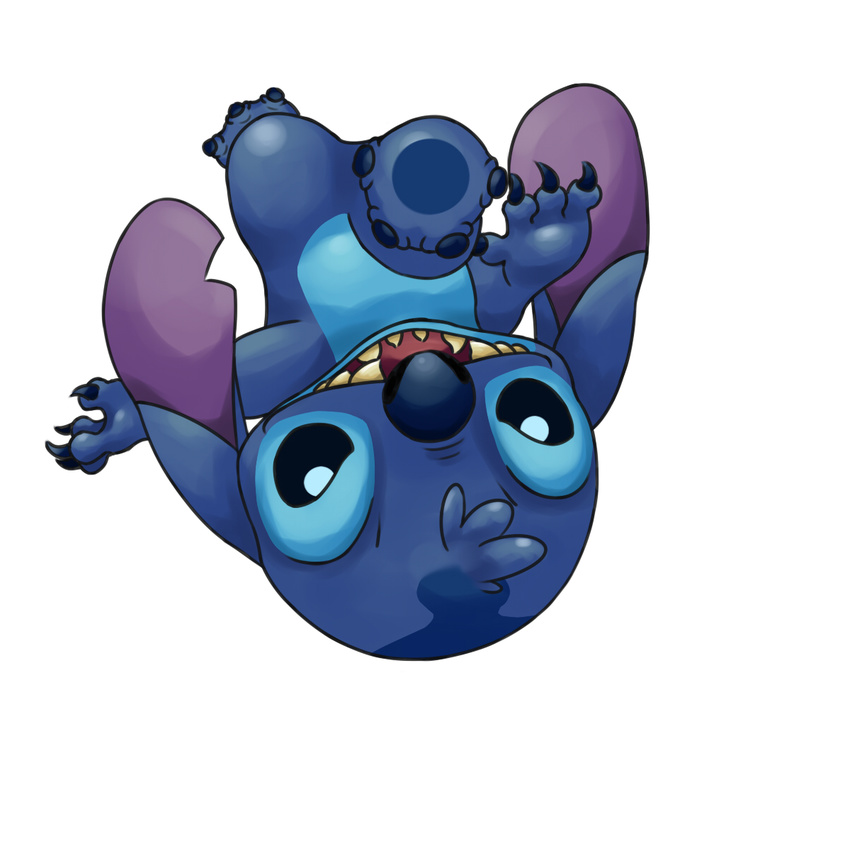 2017 4_fingers 4_toes alien backflip blue_claws blue_eyes blue_fur blue_nose blue_pawpads claws determined digital_drawing_(artwork) digital_media_(artwork) disney experiment_(species) fur head_tuft hi_res jewelpetgarnet lilo_and_stitch looking_at_viewer notched_ear open_mouth open_smile pawpads simple_background smile solo stitch toes tuft upside_down white_background