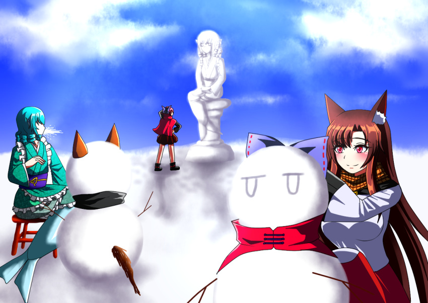 animal_ear_fluff animal_ears aqua_hair bangs black_shirt blue_sky blush boots bow breasts brown_hair cape cloud commentary_request day dress green_kimono hair_bow hand_on_hip hand_on_own_head head_fins imaizumi_kagerou japanese_clothes kimono layered_dress long_hair long_sleeves looking_to_the_side luna_(luna3962) medium_breasts mermaid monster_girl multiple_girls obi outdoors pedestal plaid plaid_scarf red_cape red_eyes red_hair red_skirt sash scarf sekibanki shirt short_hair short_kimono sitting skirt sky smile snow snow_sculpture snowman spit_take spitting stool swept_bangs touhou very_long_hair wakasagihime wide_shot wolf_ears