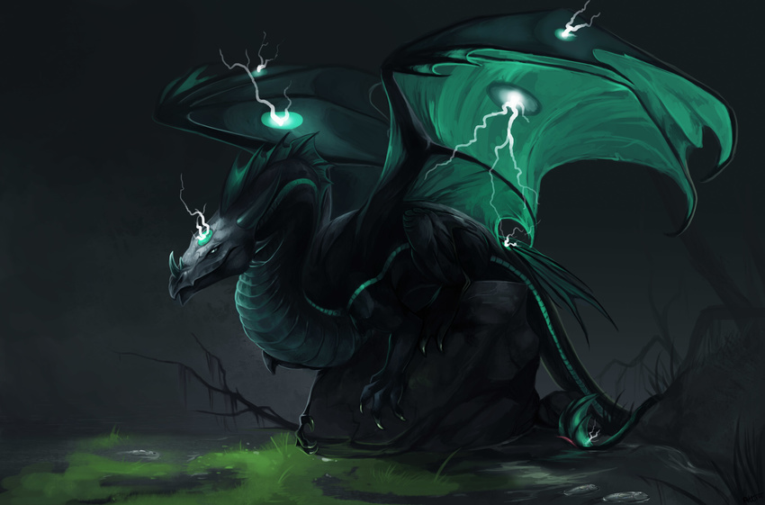 allagar ambiguous_gender black_scales claws crouching dark_theme dead_tree detailed_background dragon electricity feral green_markings green_scales hi_res horn lightning markings membranous_wings outside rock scales scalie solo spread_wings storm_dragon tree western_dragon wings