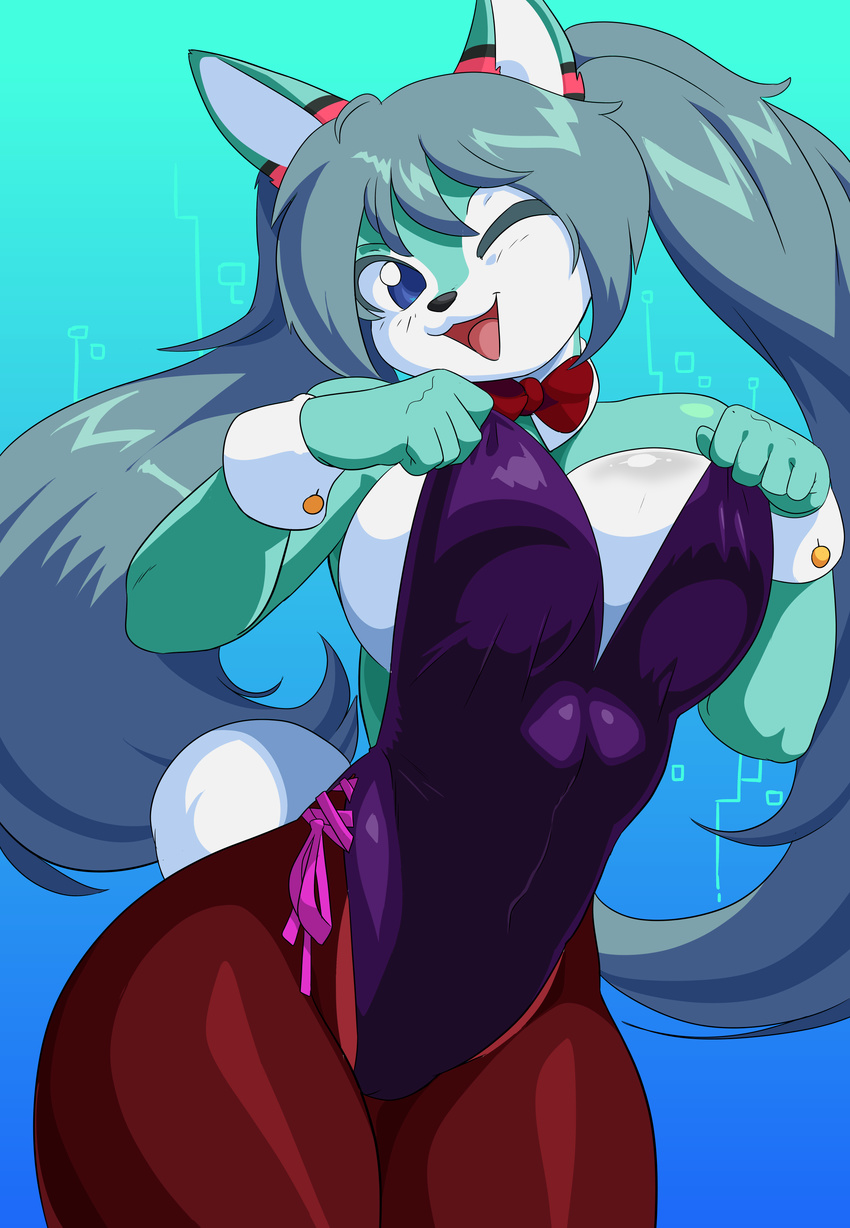 2018 absurd_res anthro blue_eyes blue_fur bow_tie breasts bunny_costume canine clothing costume crossgender female fox fur fur_markings hair hi_res juzztie legwear leotard long_hair looking_at_viewer mammal markings one_eye_closed open_mouth pigtails roflfox shirt_collar simple_background solo stockings tongue white_fur wink wrist_cuff