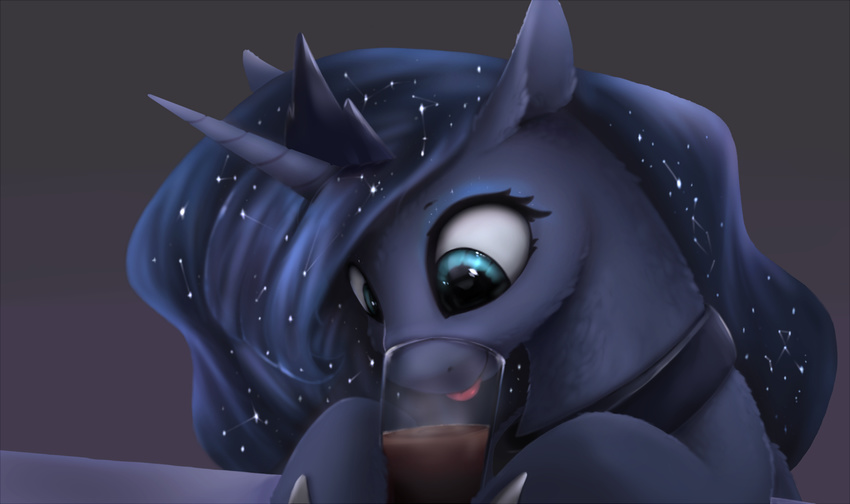 2017 beverage blue_eyes bust_portrait coffee constellations cosmic_hair crown cup cute drinking equine eyelashes eyeshadow female food friendship_is_magic fur glass grey_background holding_food holding_object horn horse makeup mammal mascara my_little_pony noctilucent-arts pony portrait princess_luna_(mlp) purple_fur simple_background smile solo steam table teal_eyes tongue tongue_out