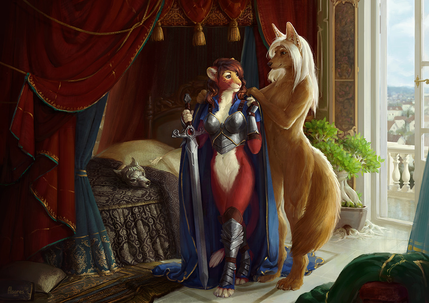 2018 4_toes alsareslynx alsaresnolynx amazing_background anthro armor bed bedroom black_nose bottomless breastplate breasts brown_fur brown_hair canine cape claws clothed clothing countershading cybelle_(tannou) day detailed_background digitigrade dipstick_tail dog drapery duo featureless_breasts featureless_crotch feline female fur furgonomics gauntlets gloves hair inside lion mammal mask melee_weapon multicolored_tail nude pillow plant potted_plant red_fur roots smile standing sword tassels toes town weapon white_countershading white_hair yellow_fur zilla_(airlea)