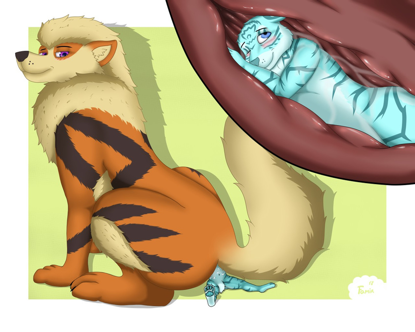 ambiguous_gender anal_vore anthro anthro_on_feral arcanine bestiality blue_eyes blush feline feral from_behind_(disambiguation) internal male mammal nintendo one_eye_closed pok&eacute;mon pok&eacute;mon_(species) purple_eyes sitting size_difference thebestvore tiger video_games vore