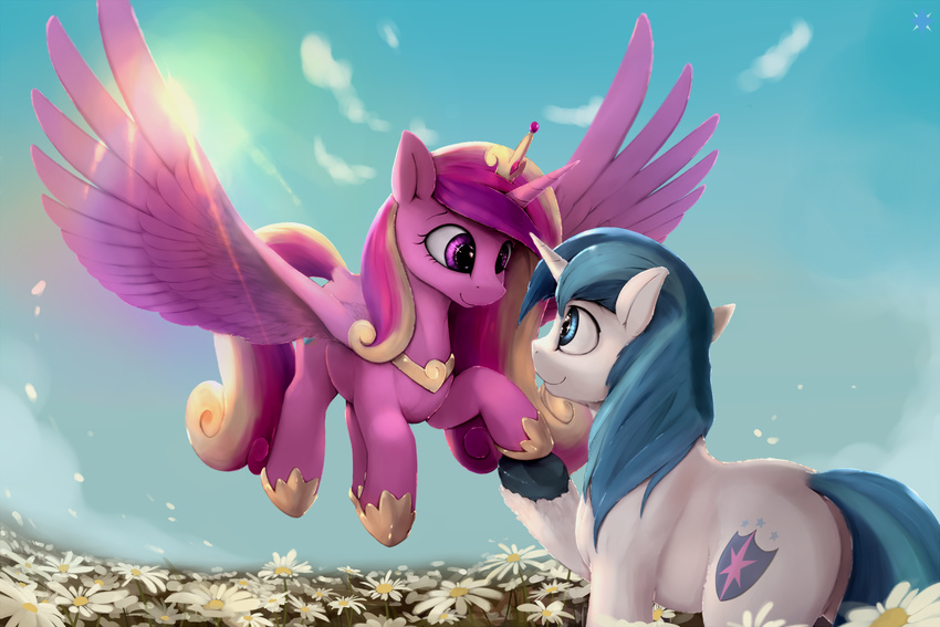 2016 blue_eyes blue_hair butt cloud crown cute cutie_mark duo equine eye_contact eyebrows eyelashes feathered_wings feathers female field flower flying friendship_is_magic hair hand_holding hi_res hooves horn male mammal multicolored_hair my_little_pony noctilucent-arts nude outside plant princess_cadance_(mlp) purple_eyes romantic_couple shining_armor_(mlp) sky smile spread_wings sunlight suspended_in_midair two_tone_hair unicorn winged_unicorn wings