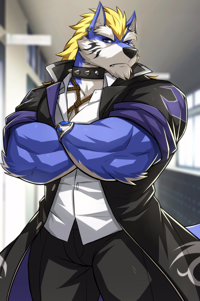 2018 anthro canine clothed clothing crossed_arms drks fenrir_(housamo) fur hi_res kemono male mammal muscular muscular_male piercing solo tokyo_afterschool_summoners wolf