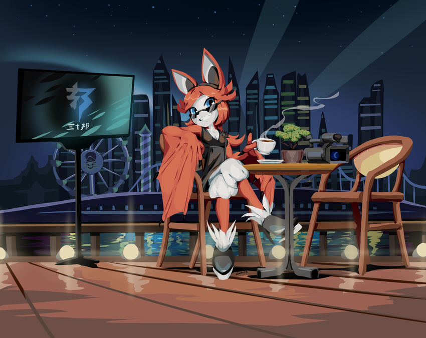 2018 absurd_res anthro bat bat_wings beverage blue_eyes breasts cleavage clothed clothing detailed_background eyewear female footwear freedom_planet freedom_planet_2 fruit_bat fur goshaag hi_res high_heels looking_at_viewer mammal maria_notte membranous_wings night open_mouth orange_fur outside shoes sitting smile solo sunglasses teeth video_games wings