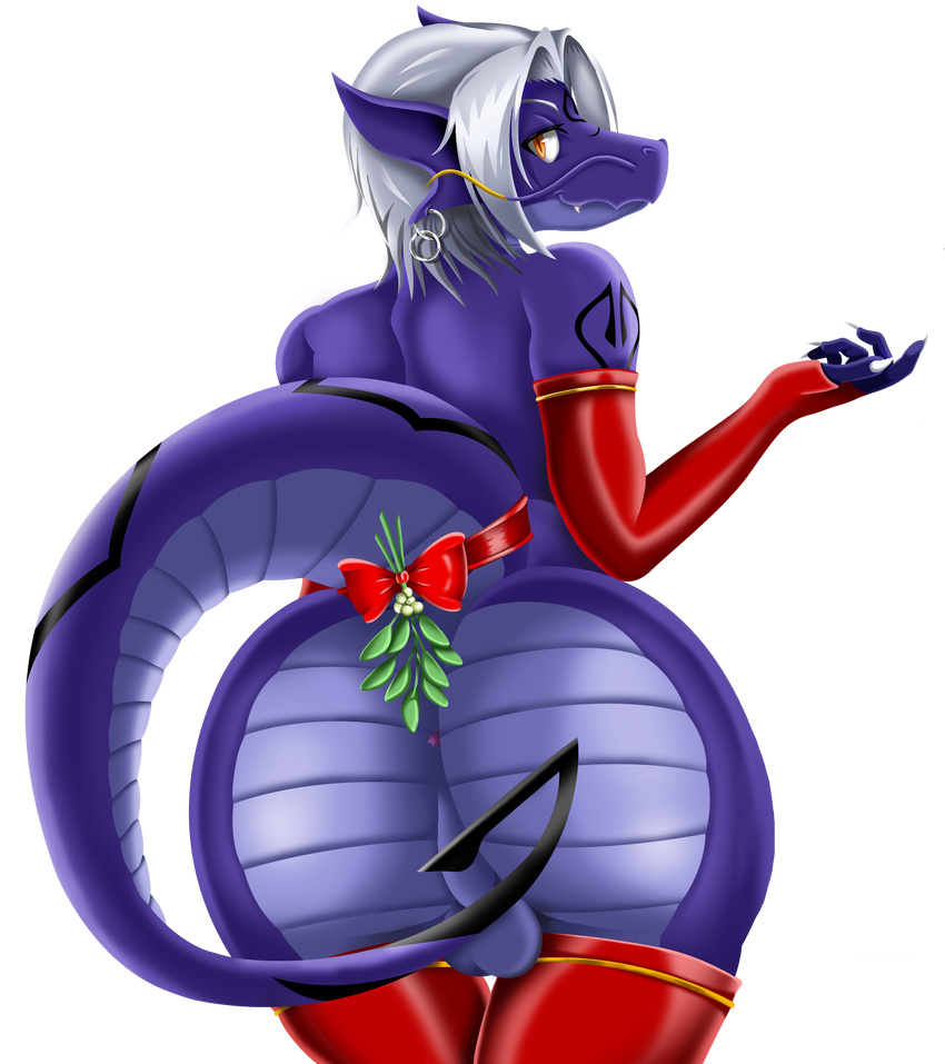 5_fingers amber_eyes anthro balls big_butt butt christmas clothing dragon ear_piercing eastern_dragon fangs hair hi_res holidays kuramichan legwear looking_at_viewer looking_back male markings mistletoe mostly_nude orange_eyes piercing plant purple_scales rear_view ribbons scales scalie slit_pupils smile stockings white_hair zen_(character)