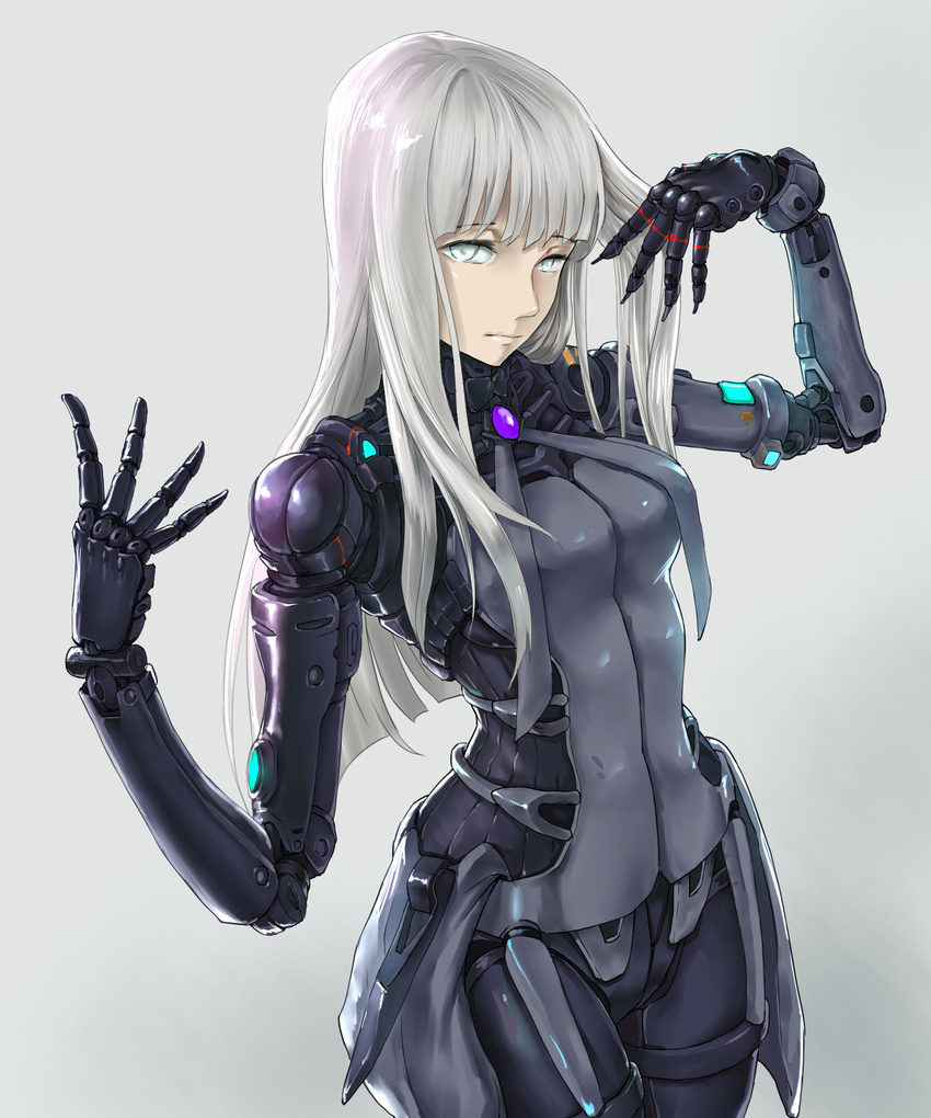 arm_up bangs black_bodysuit blame! blunt_bangs bodysuit breasts chitu_hefeng_zhong cibo closed_mouth commentary cowboy_shot cyborg expressionless eyebrows_visible_through_hair glowing grey_background highres long_hair looking_at_viewer medium_breasts no_pupils pale_skin prosthesis ribbed_bodysuit robot_joints shiny shiny_hair silver_hair simple_background solo standing waist_cape white_eyes