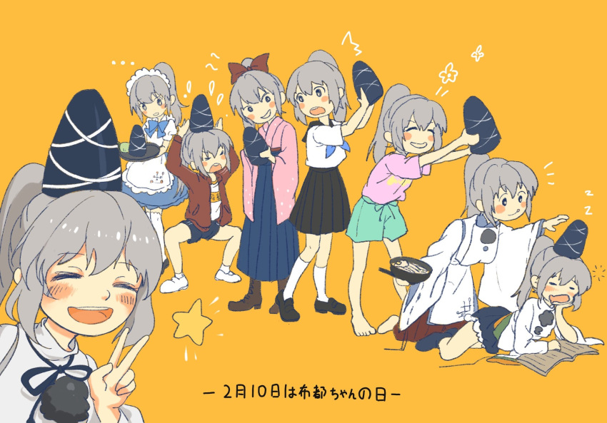 6+girls alternate_costume alternate_headwear bare_legs barefoot book boots bow bowl brown_footwear chopsticks cross-laced_footwear food hair_bow hat highres holding holding_hat jacket japanese_clothes kimono kneehighs lace-up_boots loafers maid maid_headdress mica_kirigawa mononobe_no_futo multiple_girls multiple_persona ponytail reading school_uniform shirt shoes short_shorts shorts star t-shirt tagme tate_eboshi touhou track_jacket translation_request tray v yellow_background zzz