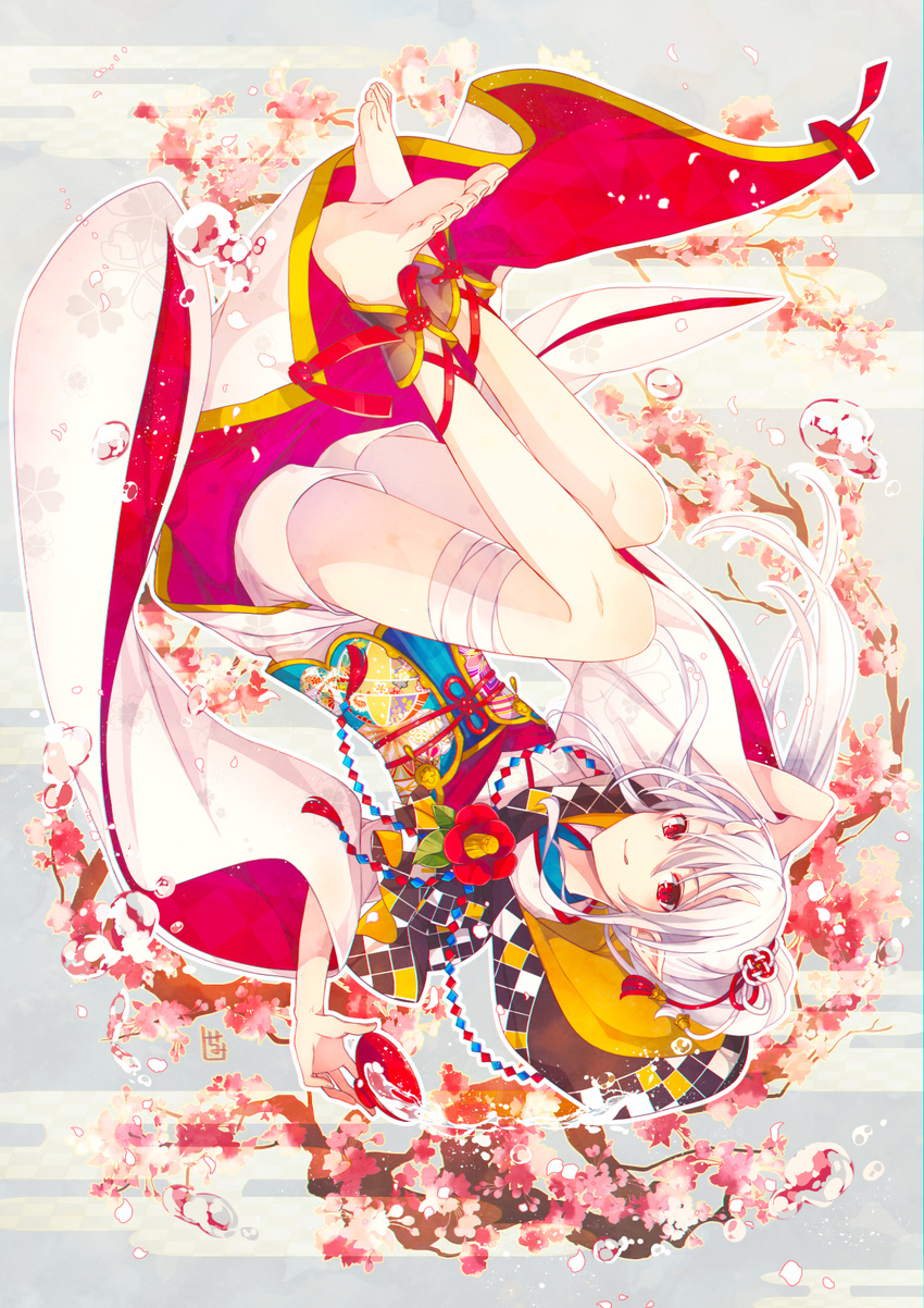 :q ankle_cuffs bandaged_leg bandages barefoot cherry_blossoms closed_mouth commentary_request goma_(11zihisin) hair_ornament head_tilt high_ponytail highres japanese_clothes kimono long_hair long_sleeves looking_at_viewer obi oni_horns original ponytail red_eyes sash short_shorts shorts signature smile soles solo toenails tongue tongue_out upside-down white_hair white_kimono white_shorts wide_sleeves
