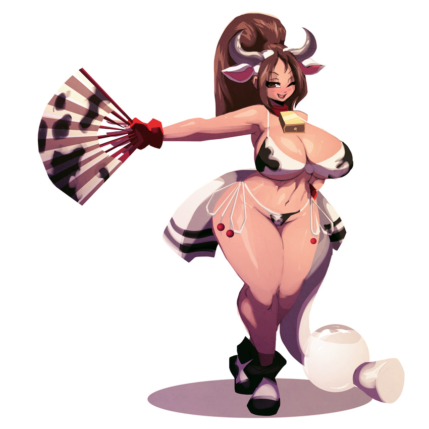 1girl animal_ears bikini blush breasts brown_eyes brown_hair cleavage cow_bell cow_ears cow_horns cow_print cow_tail curvy fatal_fury fingerless_gloves full_body hips huge_breasts king_of_fighters legs long_hair looking_at_viewer navel one_eye_closed open_mouth ponytail riendonut shiranui_mai smile snk snk_heroines:_tag_team_frenzy solo standing swimsuit tail thick_thighs wide_hips