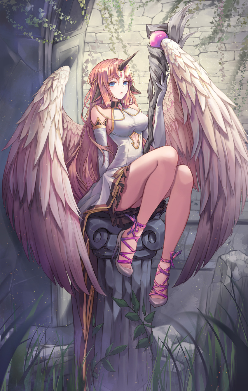 absurdres angel_wings animal_ears bangs bare_shoulders blue_eyes bowed_wings breasts commentary detached_sleeves dress eyebrows_visible_through_hair full_body high_heels highres horn jewelry kone_(user_rcvz8745) large_breasts long_hair looking_at_viewer original personification pink_hair sidelocks sitting solo very_long_hair white_dress wings