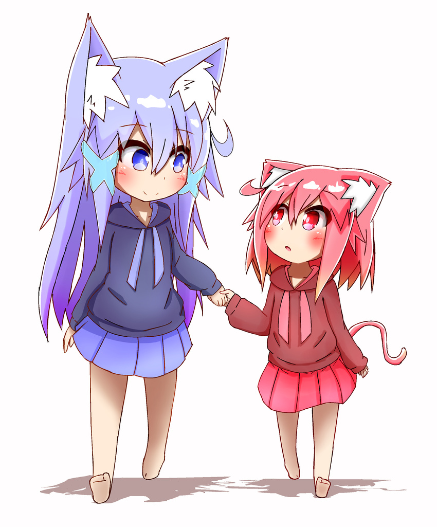 :o absurdres akaneko_(idaten93) animal_ears bangs barefoot blue_eyes blue_hoodie blue_skirt blush brown_hoodie cat_ears cat_girl cat_tail closed_mouth collarbone commentary_request eye_contact eyebrows_visible_through_hair fang fox_ears gradient_hair hair_between_eyes hair_ornament highres holding_hands hood hood_down hoodie idaten93 long_hair long_sleeves looking_at_another looking_to_the_side multicolored_hair multiple_girls orange_hair original parted_lips pink_hair pleated_skirt purple_hair red_eyes red_skirt sidelocks skirt sleeves_past_wrists smile tail till_(idaten93) very_long_hair walking white_background x_hair_ornament