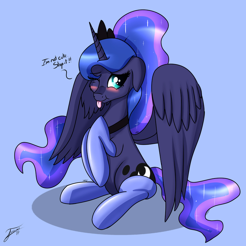 ! 2017 blue_background blush clothing cosmic_hair crown cute cutie_mark dialogue english_text equine eyebrows eyelashes feathered_wings feathers female friendship_is_magic full-length_portrait hi_res horn legwear makeup mammal mascara mostly_nude my_little_pony one_eye_closed portrait princess_luna_(mlp) shadow signature simple_background sitting solo sparkles stockings teal_eyes text tongue tongue_out trentgt winged_unicorn wings