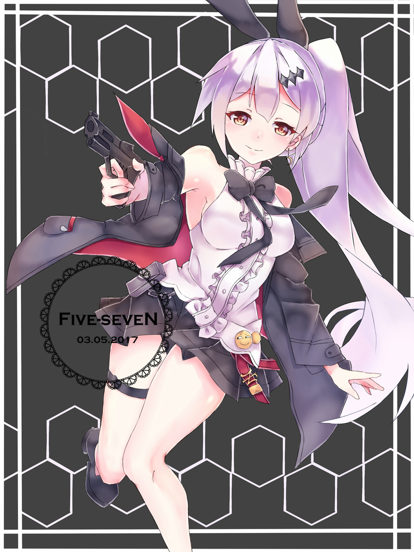 ammunition_pouch arm_at_side armpits bangs bare_shoulders belt black_footwear blush bow breasts brown_eyes buckle chain character_name cleavage closed_mouth commentary_request dated eyebrows_visible_through_hair finger_on_trigger five-seven_(girls_frontline) five-seven_(gun) girls_frontline gun hair_ornament half-closed_eyes handgun highres holding holding_gun holding_weapon jacket jewelry lahoc large_breasts long_hair looking_at_viewer mid-stride navel open_clothes open_jacket ponytail pouch ribbon shoes sidelocks silver_hair skirt smile solo tareme thigh_strap very_long_hair weapon wind wind_lift