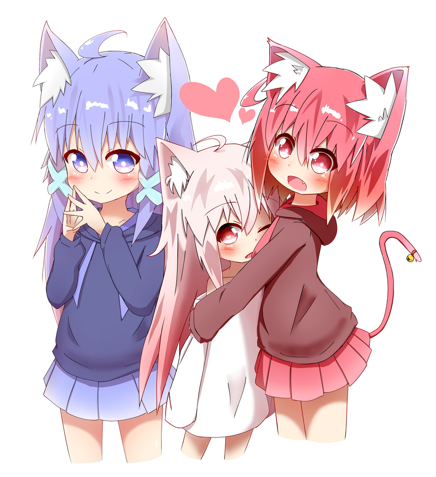 :d absurdres ahoge akaneko_(idaten93) animal_ears bangs bell blue_eyes blue_hoodie blue_skirt blush brown_hoodie cat_ears cat_girl cat_tail closed_mouth commentary_request cropped_legs eyebrows_visible_through_hair fang fingers_together fox_ears gradient_hair hair_between_eyes hair_ornament head_tilt heart highres hood hood_down hoodie hug idaten93 jingle_bell long_hair long_sleeves looking_at_viewer multicolored_hair multiple_girls one_eye_closed open_mouth orange_hair original pink_hair pleated_skirt purple_hair red_eyes red_hair red_skirt ruua_(idaten93) sidelocks simple_background skirt sleeves_past_wrists smile steepled_fingers tail tail_bell till_(idaten93) very_long_hair white_background x_hair_ornament