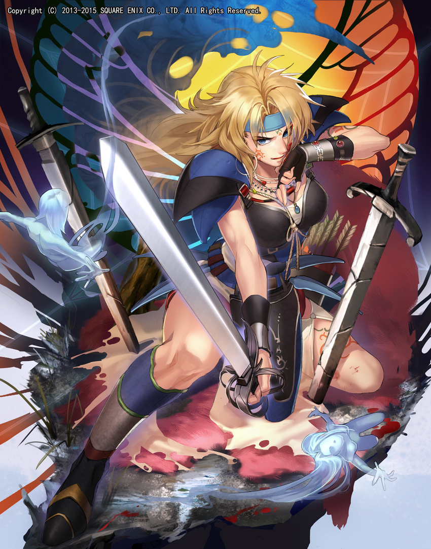 armor blonde_hair blue_eyes boots bracer bruise closed_mouth creature emperors_saga fighting_stance gem headband highres holding holding_sword holding_weapon injury jewelry liduke long_hair looking_at_viewer necklace official_art pauldrons pelvic_curtain planted_sword planted_weapon solo spread_legs sword watermark weapon wiping_face