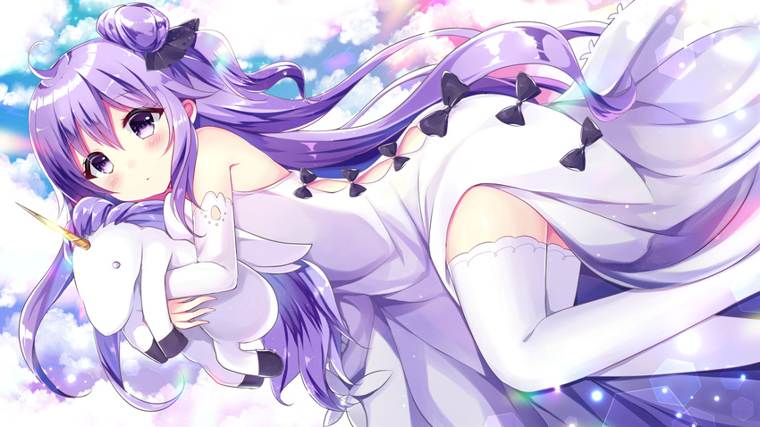 ahoge azur_lane bangs bare_shoulders black_bow black_ribbon blue_sky blush bow closed_mouth cloud cloudy_sky commentary_request detached_sleeves dress eyebrows_visible_through_hair fingernails hair_between_eyes hair_bun hair_ribbon long_hair long_sleeves looking_at_viewer lying minami_saki object_hug on_side one_side_up purple_eyes purple_hair ribbon side_bun sky solo stuffed_alicorn stuffed_animal stuffed_toy thighhighs unicorn_(azur_lane) very_long_hair white_dress white_legwear