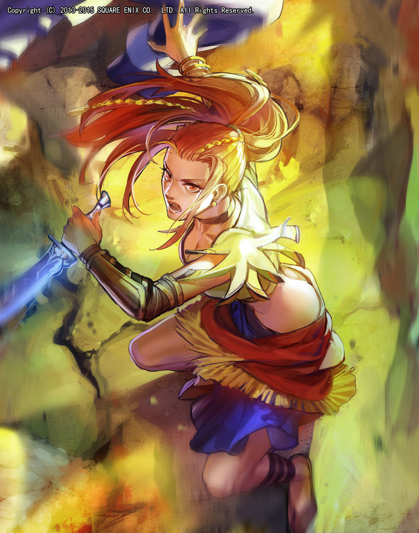 attack barefoot blonde_hair braid breasts choker cleavage crop_top earrings emperors_saga highres jewelry knife large_breasts liduke long_hair looking_at_viewer motion_blur open_mouth pelvic_curtain ponytail red_eyes reverse_grip solo throwing