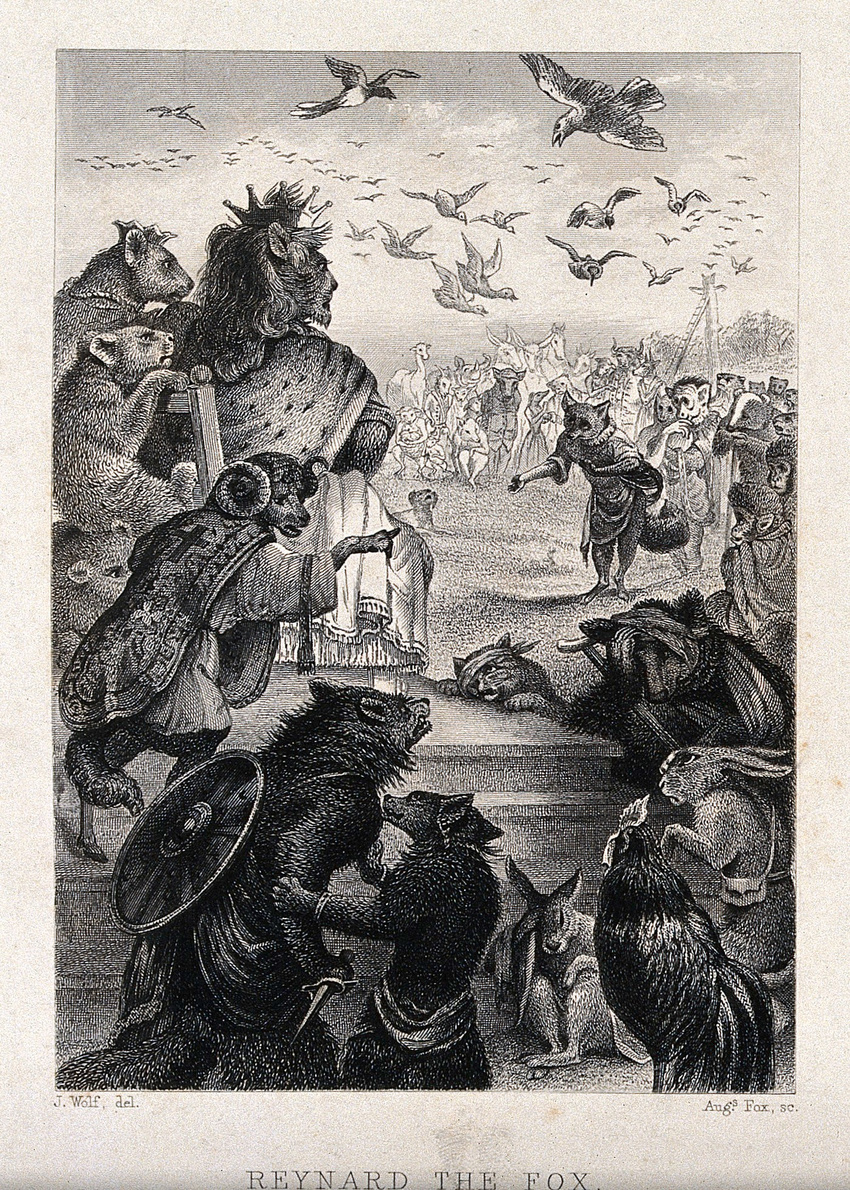 1853 ancient_furry_art anthro avian badger bear belin bird bruin canine caprine cat cervine chair chanteclere chicken cointereau cross crown cub dagger digitigrade ears_back feline female fox grinbert group hersent horn joseph_wolf king_noble lagomorph lion male mammal mane melee_weapon monkey mustelid outside pointing primate queen_fiere rabbit red_fox reynard_the_fox semi-anthro sheep shield sitting sky snarling standing throne traditional_media_(artwork) weapon wolf young ysengrin