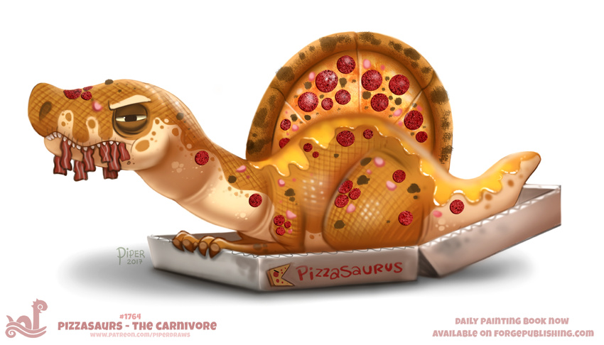 2017 ambiguous_gender black_eyes box cheese cryptid-creations dinosaur english_text feral food food_creature humor hybrid pizza pizza_box simple_background solo spinosaurus text white_background