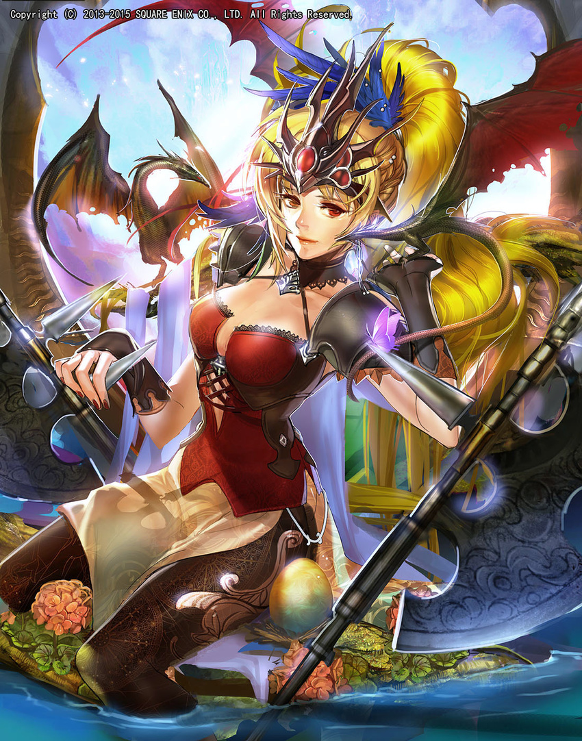 blonde_hair blue_sky breasts bustier closed_mouth dragon emperors_saga fingerless_gloves fingernails flower gloves grass headpiece highres holding holding_weapon large_breasts liduke long_hair looking_at_viewer nail_polish official_art pantyhose polearm poleaxe ponytail red_eyes red_nails shoulder_armor sitting sky soaking_feet solo spaulders spikes waist_cape watermark weapon