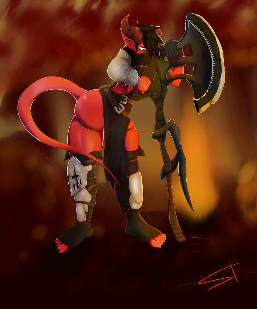 2018 armor axe belt big_breasts breasts butt clothed clothing demon digital_media_(artwork) dungeons_&amp;_dragons female gloves hair horn humanoid invalid_tag mammal melee_weapon not_furry pointy_ears simple_background solo standing standing_tough thick_thighs tiefling voluptuous weapon wide_hips