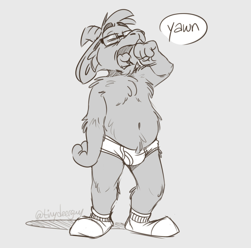 briefs caprine clothing dialogue english_text eyewear glasses goat legwear male mammal monochrome socks text thesepantsdontfit tighty_whities tinydeerguy tired underwear white_socks white_underwear