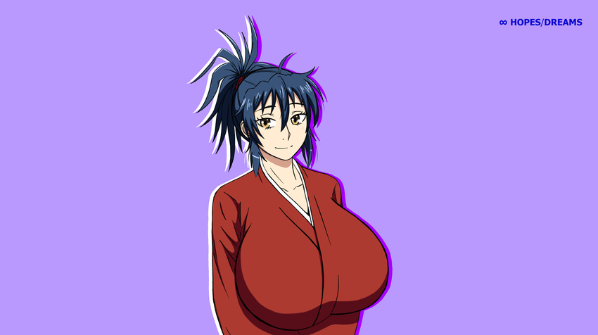 1girl blue_hair breasts hoods_entertainment huge_breasts kaneko_hiraku kimono manyuu_chifusa manyuu_hikenchou wallpaper