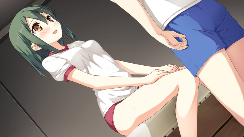 bloomers blush brown_eyes dutch_angle enomoto_kaho game_cg green_hair gym_storeroom gym_uniform hair_ornament hairclip highres kantoku knees_together_feet_apart looking_at_another non-web_source parted_lips short_sleeves solo_focus underwear your_diary