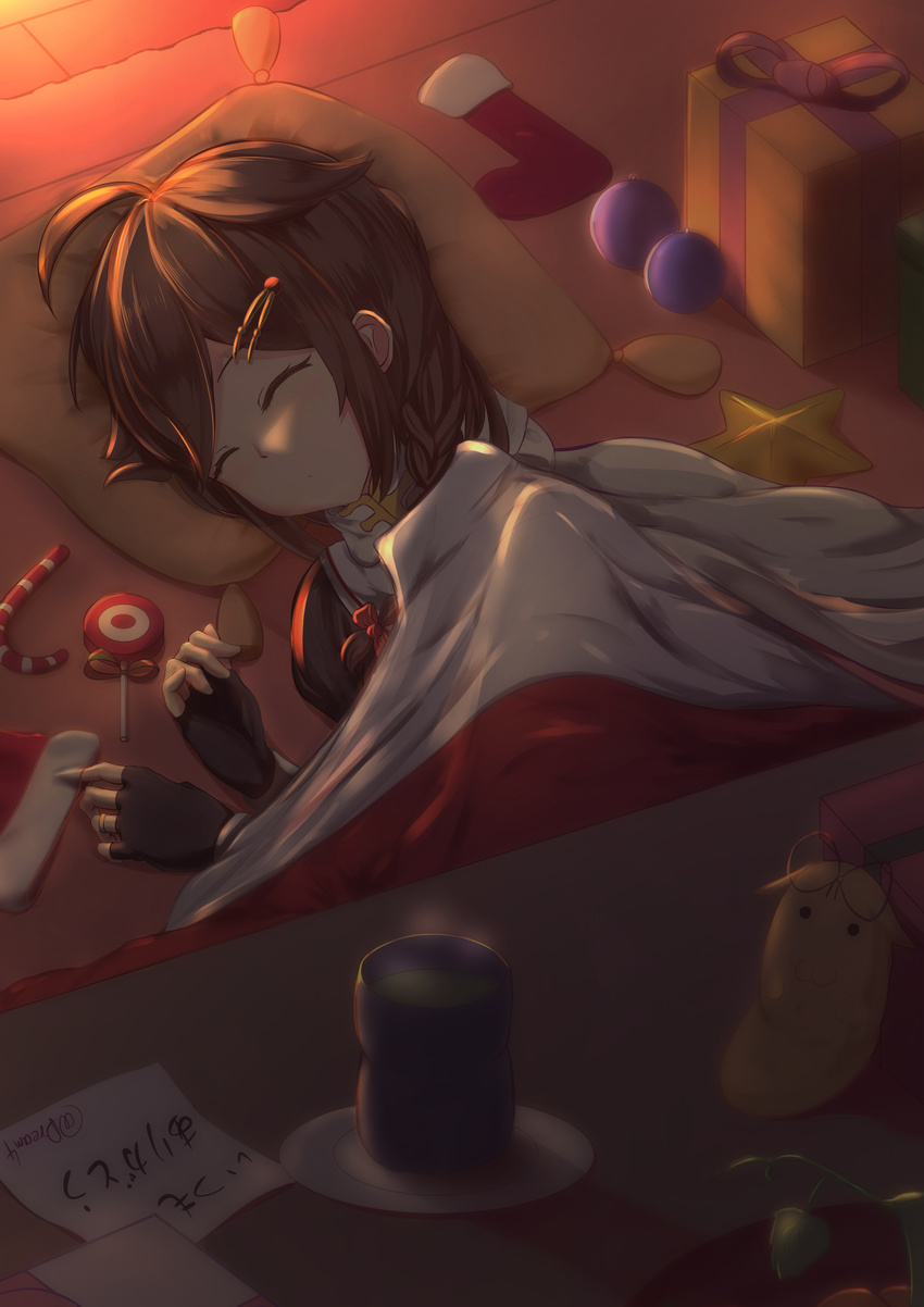 absurdres ahoge backlighting bangs bauble black_gloves box braid brown_hair candy candy_cane closed_eyes closed_mouth cup dream41 drink eyebrows_visible_through_hair fingerless_gloves food gift gift_box gloves hair_ornament hair_ribbon hairpin highres indoors jewelry kantai_collection kotatsu light lollipop long_hair lying note on_floor on_side pillow red_ribbon remodel_(kantai_collection) ribbon ring scarf shigure_(kantai_collection) single_braid sleeping socks solo steam table the_yuudachi-like_creature translated under_kotatsu under_table upper_body wedding_band