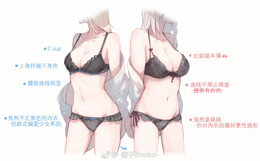 black_bra black_panties bra breasts cleavage collarbone g36_(girls_frontline) g36c_(girls_frontline) girls_frontline large_breasts lingerie long_hair medium_breasts midriff multiple_girls navel panties shuzi translated underwear white_background