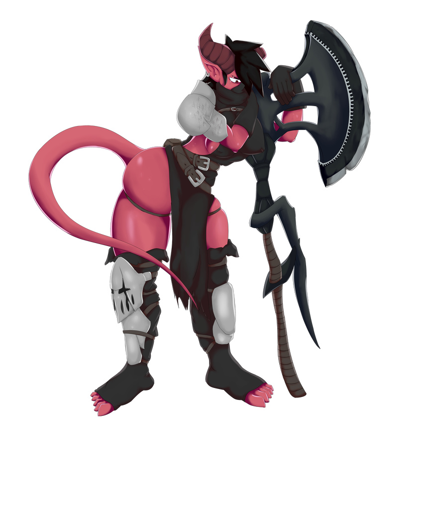 2018 armor axe belt big_breasts breasts butt clothed clothing demon digital_media_(artwork) dungeons_&amp;_dragons female gloves hair horn humanoid invalid_tag mammal melee_weapon not_furry pointy_ears simple_background solo standing standing_tough thick_thighs tiefling voluptuous weapon wide_hips