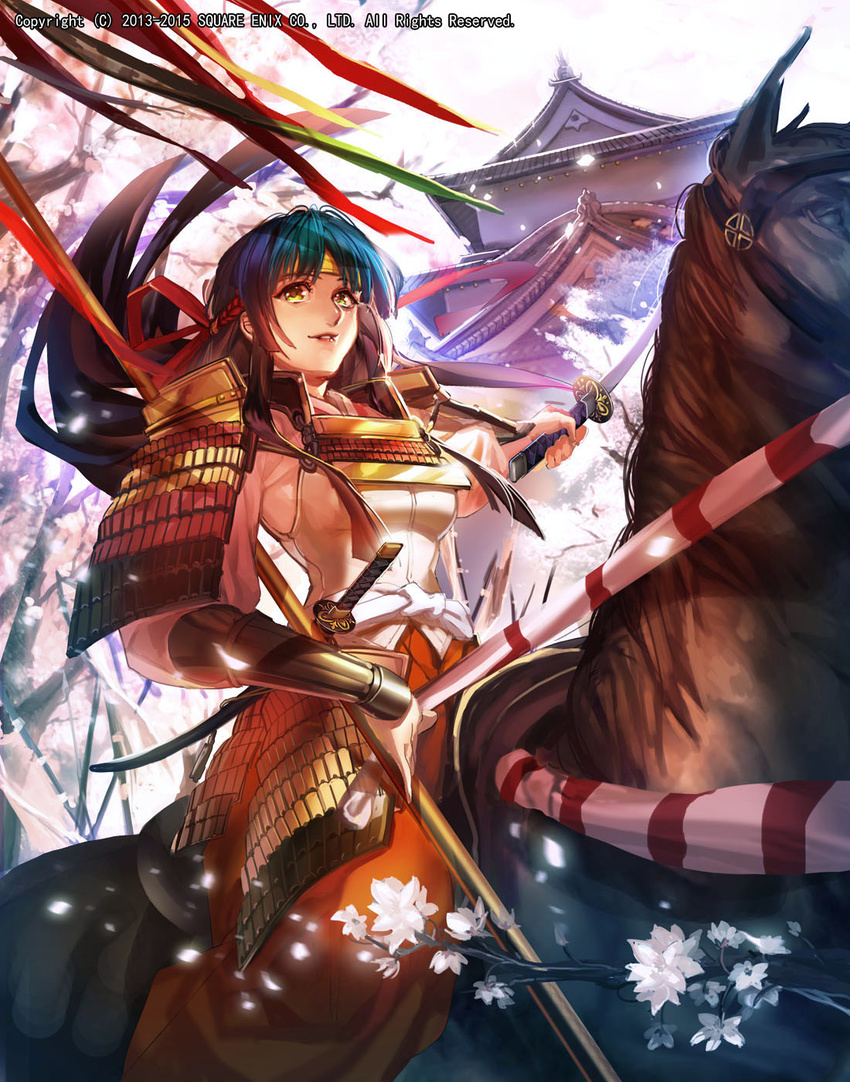 architecture armor black_hair blouse cherry_blossoms east_asian_architecture emperors_saga headband highres holding holding_sword holding_weapon horse horseback_riding japanese_armor katana kusazuri liduke long_sleeves looking_at_viewer official_art parted_lips riding scabbard sheath smile solo sword vambraces watermark weapon yellow_eyes