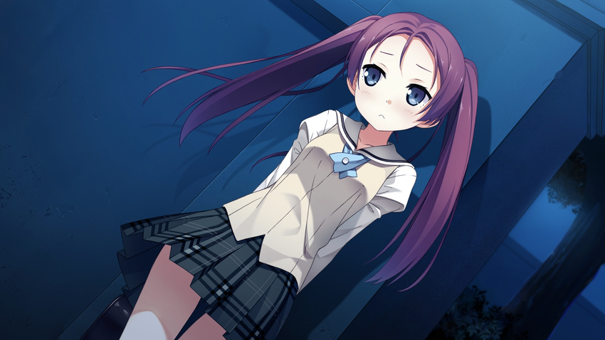 :&lt; against_wall blue_eyes blush collarbone dutch_angle fujimura_natsuki game_cg highres kantoku long_hair looking_away night non-web_source purple_hair school_uniform skirt solo thigh_gap twintails your_diary