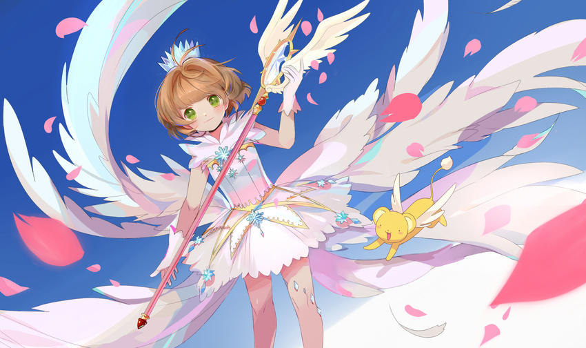 antenna_hair bangs blue_background blunt_bangs brown_hair cardcaptor_sakura crown crystal dress dutch_angle gloves green_eyes heihei highres holding holding_staff kero kinomoto_sakura looking_at_viewer magical_girl petals short_hair sleeveless staff standing white_dress white_gloves wings yume_no_tsue