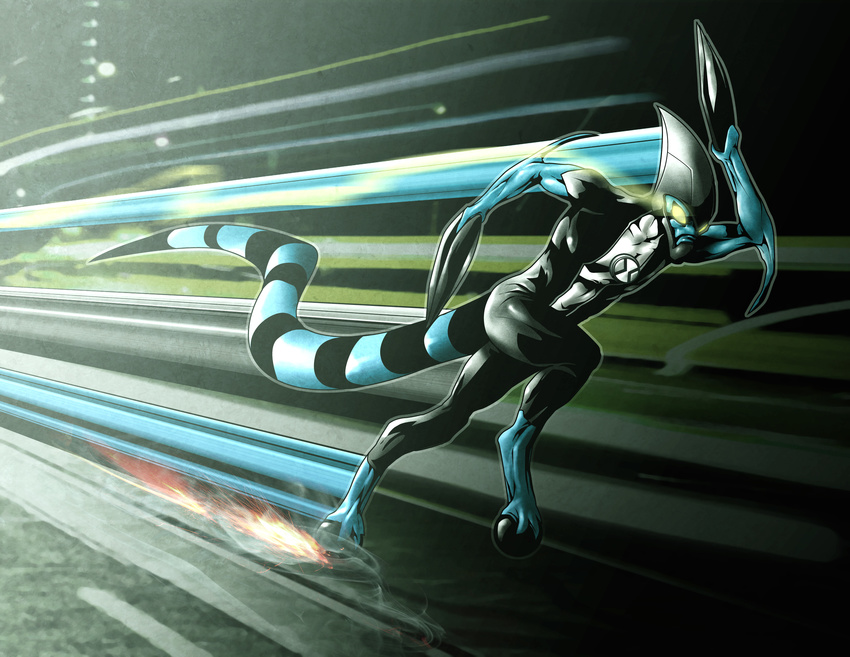 2009 abstract_background absurd_res action_lines action_pose alien ben_10 black_claws blue_skin cartoon_network claws digital_drawing_(artwork) digital_media_(artwork) frown glowing glowing_eyes green_eyes hi_res high_contrast kineceleran lantoy long_claws male muscular outline pose running skinny solo sparks striped_tail stripes xlr8