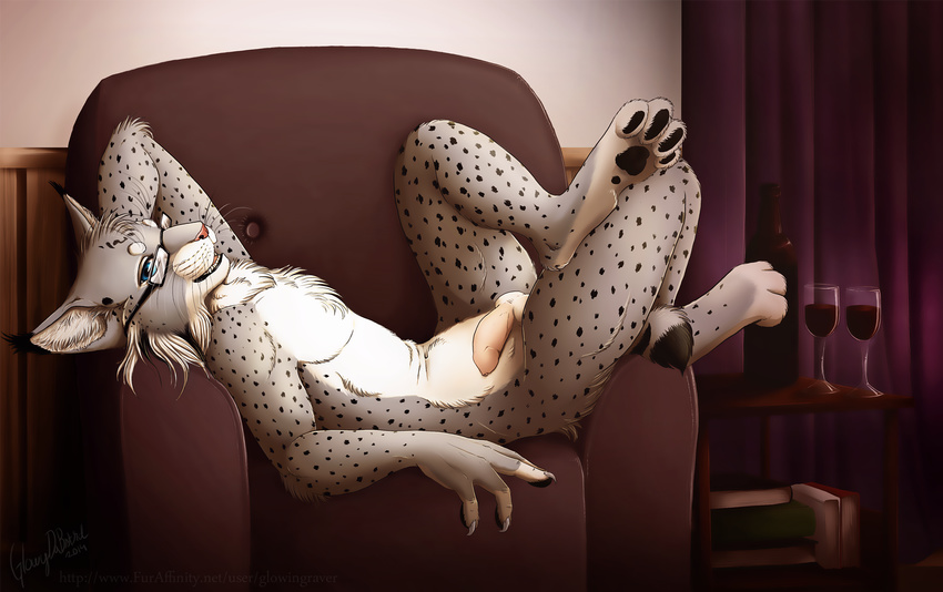 2014 alcohol anthro balls beverage blue_eyes chest_tuft claws digital_drawing_(artwork) digital_media_(artwork) eyewear feline flaccid foreskin fur glasses glowingraver grey_fur hi_res humanoid_penis looking_at_viewer lounging lynx male mammal nude open_mouth pawpads paws penis pose presenting relaxing smile solo spreading synx_the_lynx tuft uncut white_fur wine