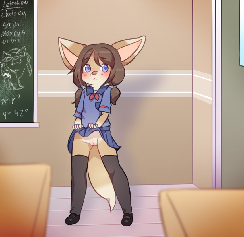 anthro blue_eyes blush bottomless breasts brown_fur brown_hair canine chelsea_larimore child classroom clothed clothing clothing_lift cub female fennec flashing flat_chested fox fur hair legwear mammal public pussy school school_uniform shirt skirt skirt_lift solo standing stockings t-shirt unconventionalrender uniform young