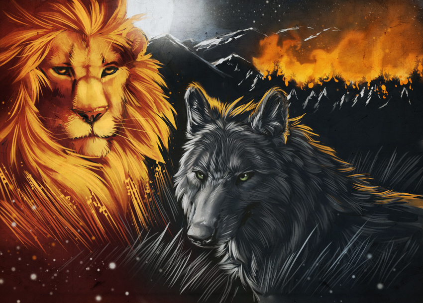 ambiguous_gender blackpassion777 canine detailed_background duo feline feral fire forest_fire fur grass green_eyes grey_fur hi_res lion looking_at_viewer male mammal moon mountain outside pine_tree tree wolf yellow_eyes yellow_fur