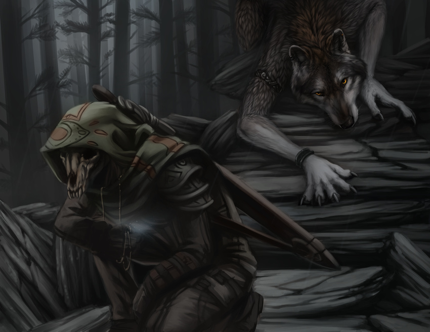 ambiguous_gender ambush anthro armband armor blackpassion777 bone bracelet brown_fur canine cape claws clothed clothing crouching detailed_background duo forest fully_clothed fur gloves_(marking) grey_fur grey_markings hi_res holding_object hood humanoid_hands hunting jewelry kneeling leather magic mammal markings melee_weapon nature necklace nude orange_eyes outside pine_tree raining rock scabbard skeleton skull skull_mask stalking sword tree weapon wolf